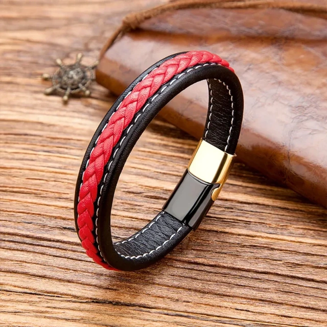 Customized Jewelry Red Black Leather Bracelet Man Bracelet Boy Mens Braided Bracelets