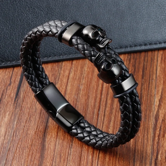 High Quality Custom Stainless Steel Clasp Black Braided Cord Handmade Rope Leather Bracelet for Men