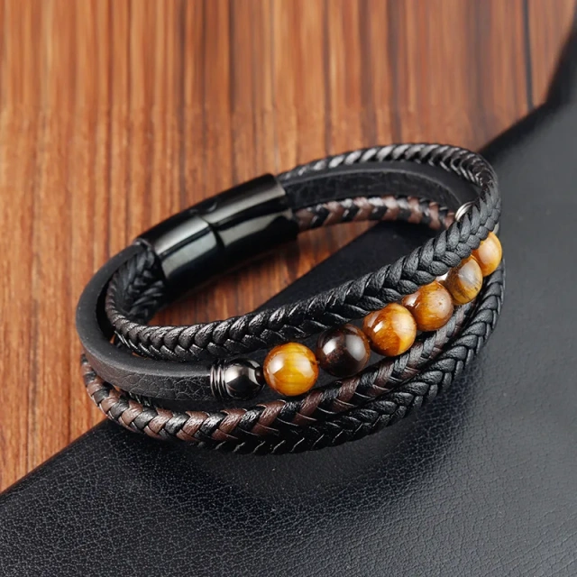 Luxury Jewelry Natural Stone Engraved Logo Braided Leather Men Genuine Leather Bracelet Stainless Steel Magnetic Clasp Chain