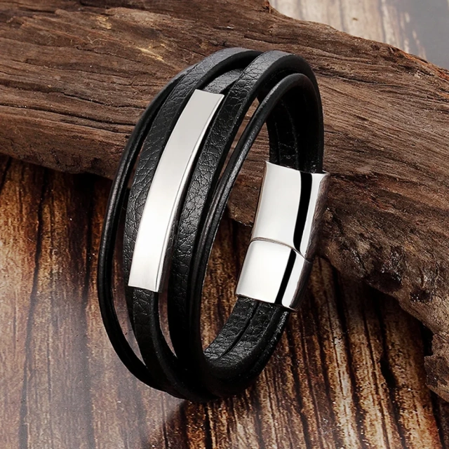 High Quality Genuine Leather Bracelet Men Stainless Steel Chain Bracelet