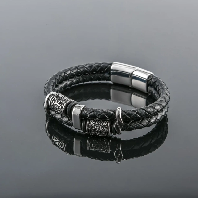 High Quality Punk Braided Wrap Leather Bracelet Handmade Beads Bracelet Men Luxury Silver Metal Tube Multilayer Leather Bracelet