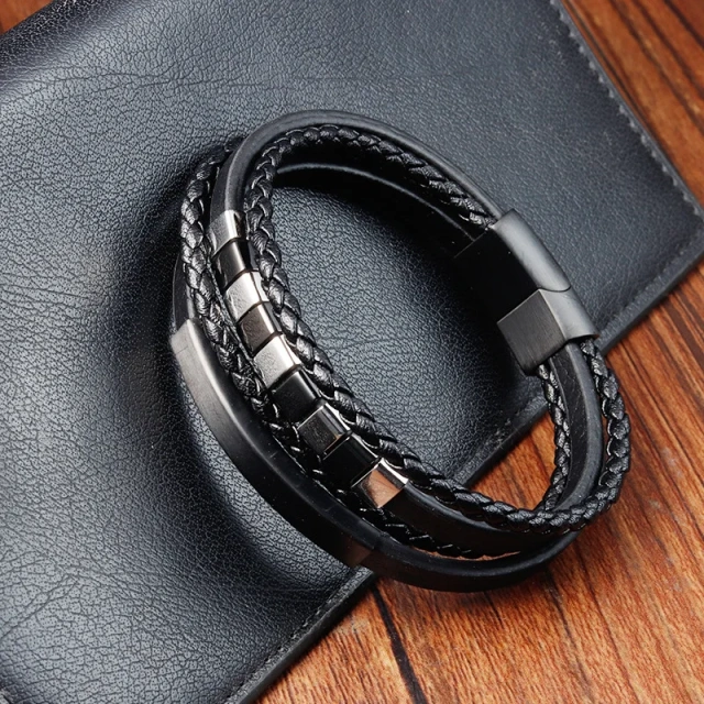 Handmade Multi Layer Braided Genuine Leather Bracelet Pvd Black Stainless Steel Magnetic Clasp Leather Bracelet Men's Jewelry