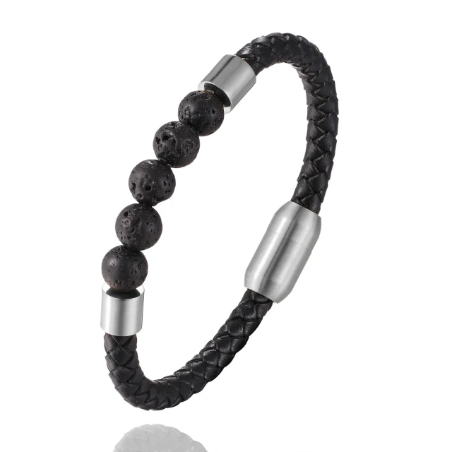 Fashion Stainless Steel Men Leather Bracelet Natural Stone Beads and Leather Bracelet Men Jewelry