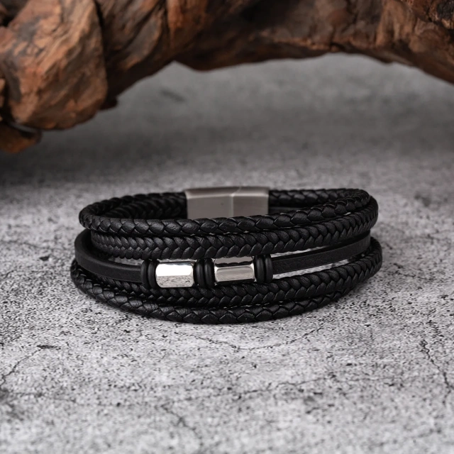 Fashion Gold Plated Silver Plated Stainless Steel Luxury Black Genuine Leather Bracelets for Men