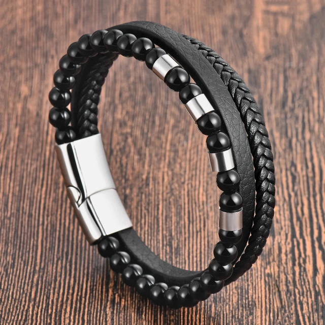 Custom Handmade Adjustable Stainless Steel Leather Bracelet for Men Latest Design Bead Bracelet Black Onyx Fashionable Bangles