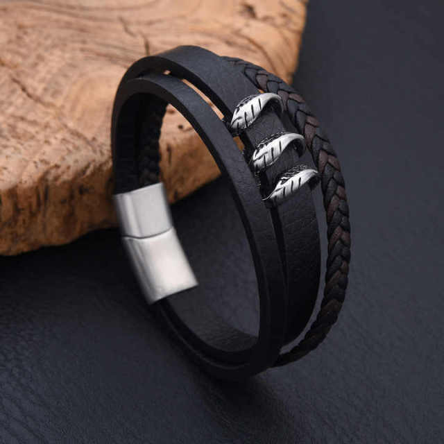 Popular Braided Leather Men Bracelet Stainless Steel Magnetic Clasp Leather Braided Chain Bracelet for Men