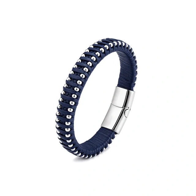 Wholesale Handmade Fashion Stainless Steel Leather Bracelet Men