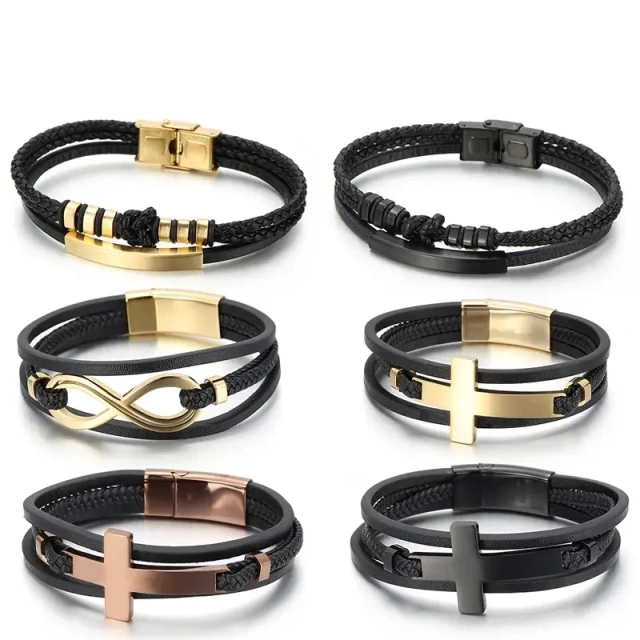 Magnetic Clasp Cowhide Leather Bangle Bracelet Stainless Steel Braided Leather Bracelet Multilayer for Men