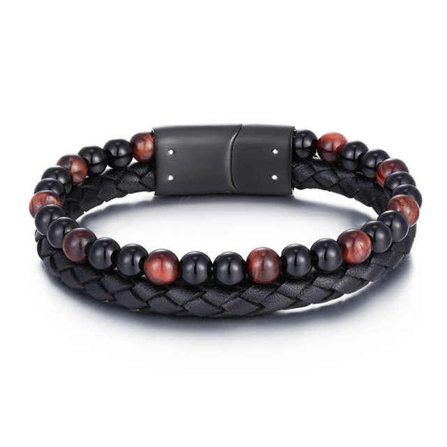 Popular Design Unisex Black Mens Leather Bracelet Bead Braided Bracelet Stainless Steel Jewelry Bracelets