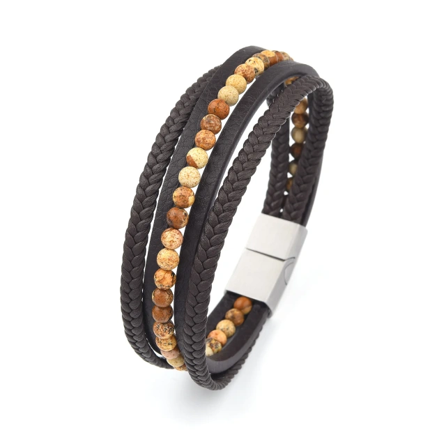 Fashion Jewelry Custom Natural Stone Silver Black Men Leather Bracelet Stainless Steel Men Bracelet