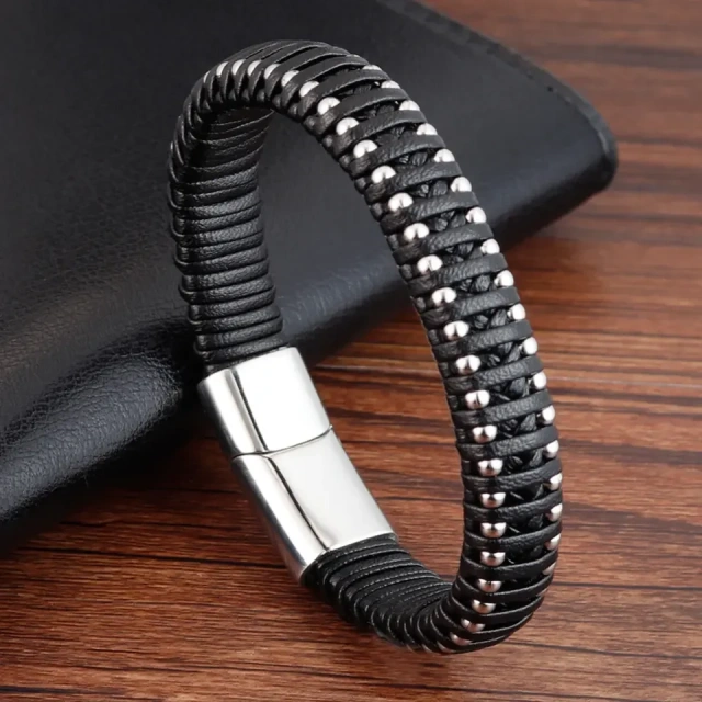 Luxury Jewelry 3 Strand Black Braided Leather Bracelet Braided Stainless Steel Bracelet for Men