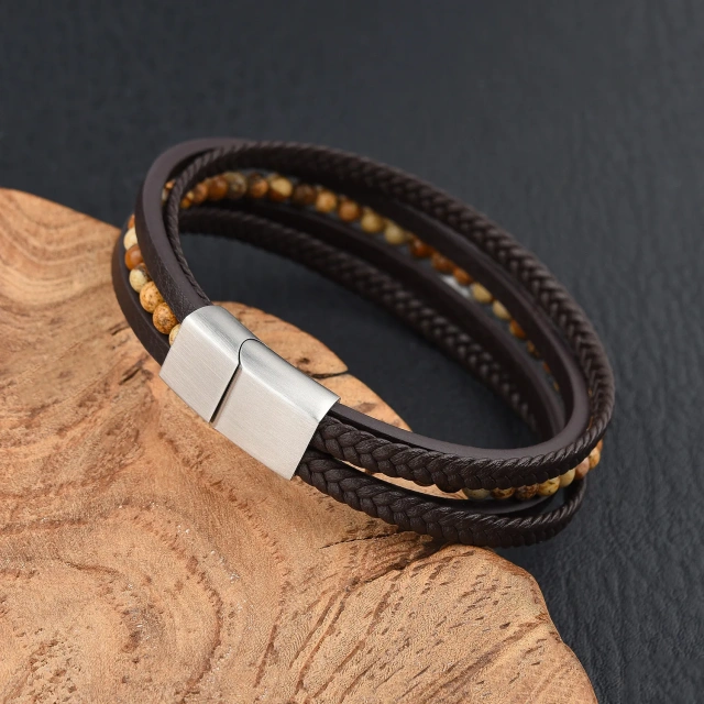 Fashion Jewelry Custom Natural Stone Silver Black Men Leather Bracelet Stainless Steel Men Bracelet