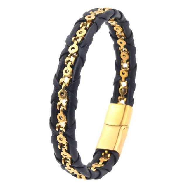 Factory Fashion Jewelry Leather Bracelet Waterproof Gold Black Stainless Steel Bracelet for Men