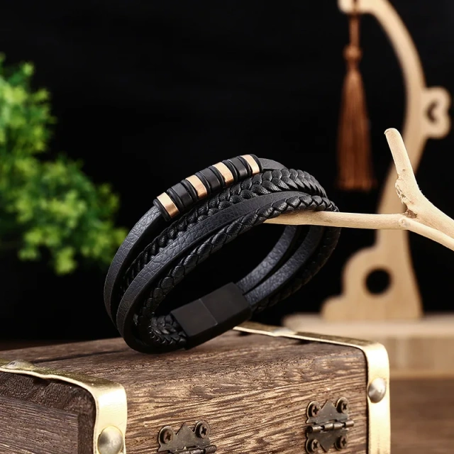 Personalized Stylish Custom Gold Leather Bracelet Braided Stainless Steel Bracelet Men