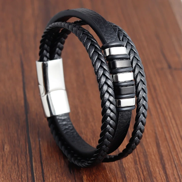 2023 Fashion Gifts Braided Design Classic Stainless Steel Christian Cross Black Men's Leather Bracelet for 19 21 Cm