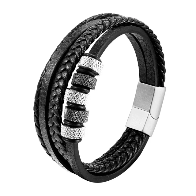 Men's Jewelry Double Layer Metal Stainless Steel Genuine Leather Braided Bracelet Handmade Multilayer Leather Bracelet