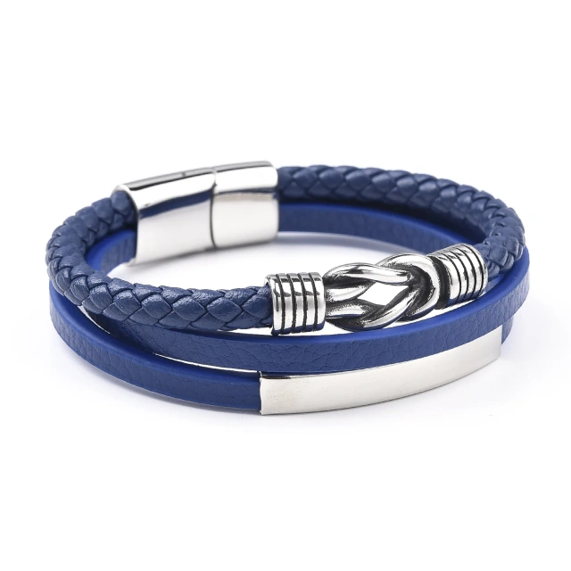 Luxury Silver Stainless Steel Bracelet Men Women Jewelry Blue Leather Multilayer Woven Leather Bracelet Braided