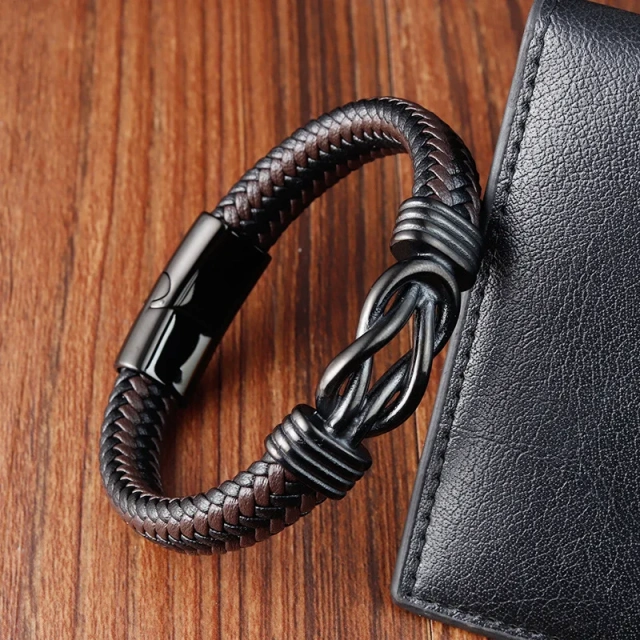 Spot Sale Punk Stainless Steel Knot Bracelet Men's Woven Brown and Black Leather Bracelet