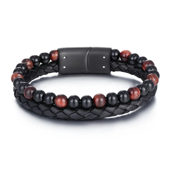 Popular Design Unisex Black Mens Leather Bracelet Bead Braided Bracelet Stainless Steel Jewelry Bracelets