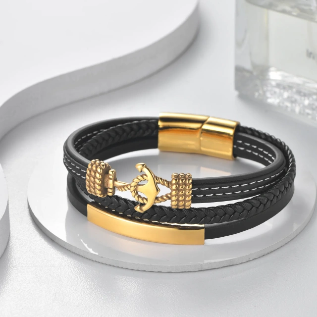 Fast Shipping Custom Steel Magnet Clasp Leather Cord Mens Bracelet Anchor Leather Bracelet Fashion Jewelry Bracelet