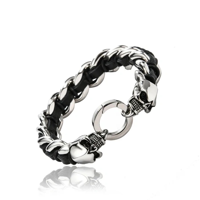 Hot Selling Design Stainless Steel Skull Silver Plated Leather Bracelet for Men