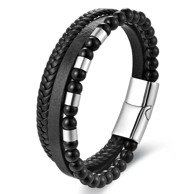Custom Handmade Adjustable Stainless Steel Leather Bracelet for Men Latest Design Bead Bracelet Black Onyx Fashionable Bangles