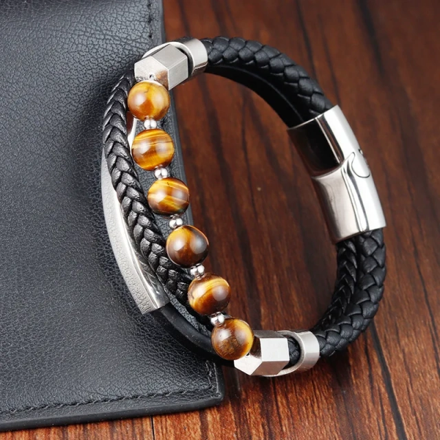 Fashion Jewelry High Quality Stainless Steel Genuine Leather Bracelet for Men Natural Stone Beads Bracelet Braided Magneti