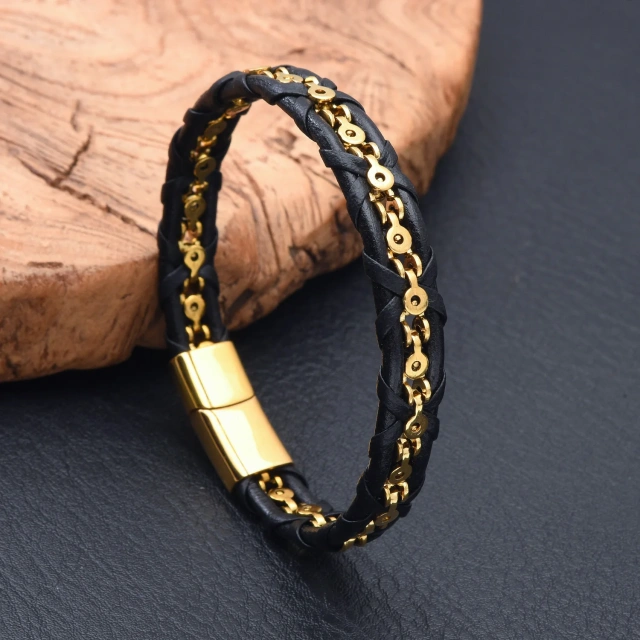 Factory Fashion Jewelry Leather Bracelet Waterproof Gold Black Stainless Steel Bracelet for Men
