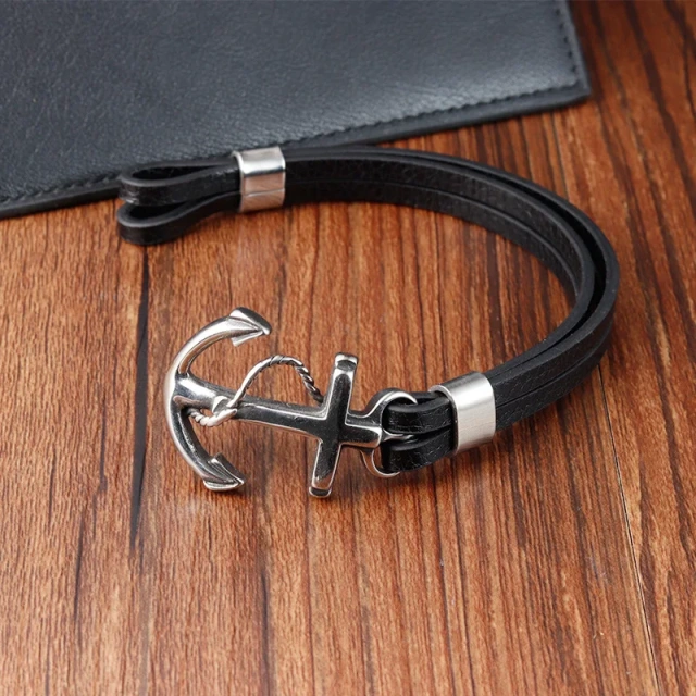 Hot Selling Men Leather Bracelet Boat Anchor Bracelet Leather for Engraving logo Men's Leather Bracelet Retro Style
