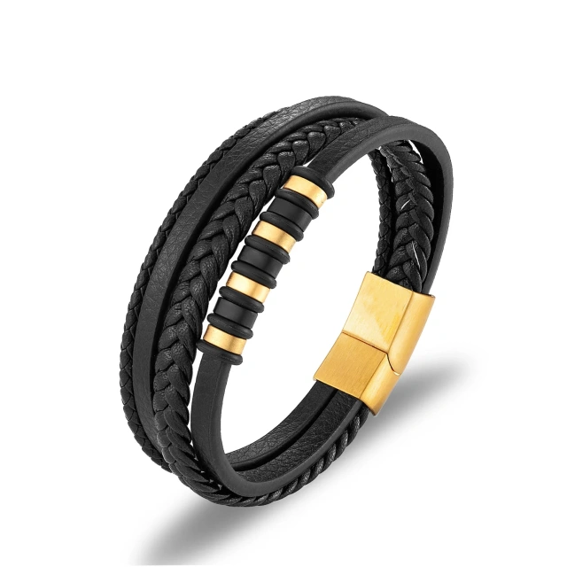 Personalized Stylish Custom Gold Leather Bracelet Braided Stainless Steel Bracelet Men