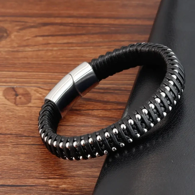 Luxury Jewelry 3 Strand Black Braided Leather Bracelet Braided Stainless Steel Bracelet for Men