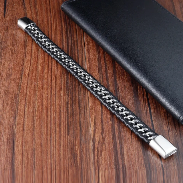 Wholesale Fashion Men Stainless Steel Clasp Black Leather Bracelets for Leather Men Bracelet