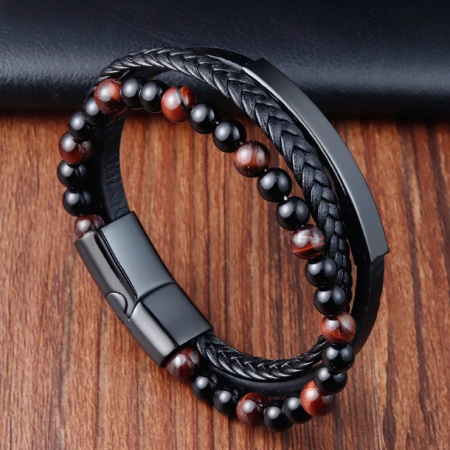 Punk Fashion Black Volcanic Stone Mens Trendy Bracelet High Quality Bracelets Man Natural Stone Bead Leather and Steel Bracelets