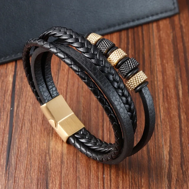 Men's Jewelry Double Layer Metal Stainless Steel Genuine Leather Braided Bracelet Handmade Multilayer Leather Bracelet