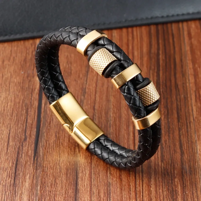 Hot Sale Jewelry Custom Engraved Logo Genuine  Men Leather Bracelet Stainless Steel Magnetic Clasp Chain