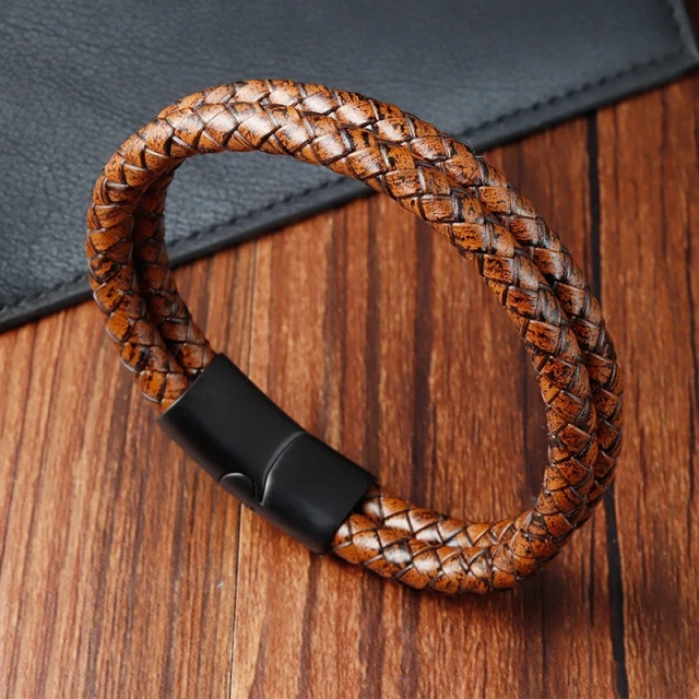Personalized Leather Bracelet Black Magnet Bracelet Brown Bracelets Braided Bangles Men