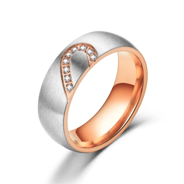 Men Pure Titanium Ring Rose Gold Black Heart Shape CZ  Wedding Band Engagement Rings for Women Diamond
