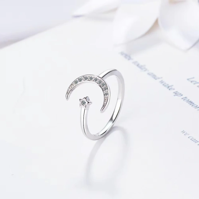 Fashion Women 925 Sterling Silver Wedding Engagement Ring Jewelry Open Star Moon Finger Ring