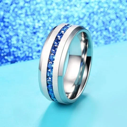 8MM Beveled Edge Blue GEM Mens Cubic Zircon Stones Silver Wedding Ring Fashion Rings Titanium Jewelry for Women Men