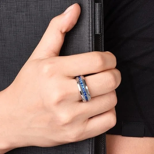 8MM Beveled Edge Blue GEM Mens Cubic Zircon Stones Silver Wedding Ring Fashion Rings Titanium Jewelry for Women Men