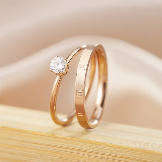 Engagement Marriage Wedding Rings for Couple Lady Women Roman Numeral Diamond Ring 24K Rose Gold Stainless Steel Knuckle Ring