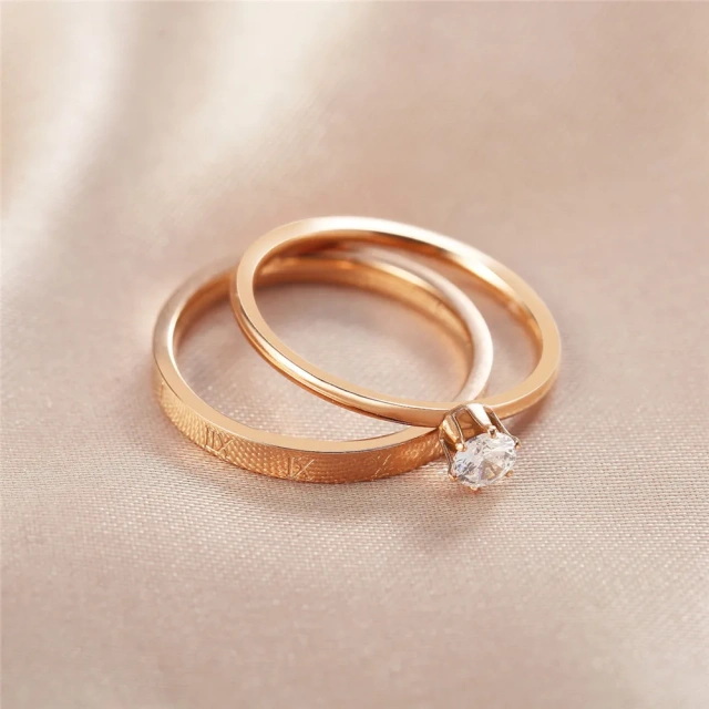 Engagement Marriage Wedding Rings for Couple Lady Women Roman Numeral Diamond Ring 24K Rose Gold Stainless Steel Knuckle Ring
