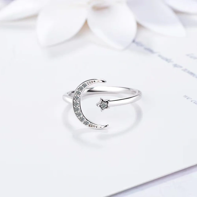 Fashion Women 925 Sterling Silver Wedding Engagement Ring Jewelry Open Star Moon Finger Ring