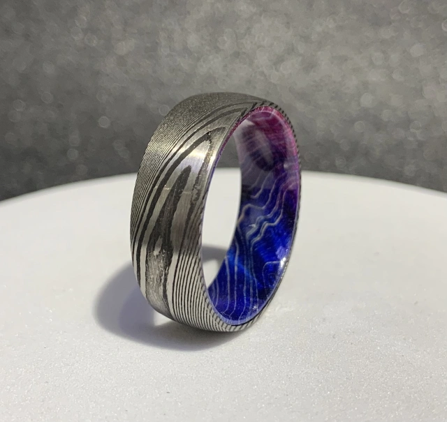 Mens Damascus Steel Wedding Ring 8mm Inlaid With Blue Purple Box Elder Wood Comfort Fit