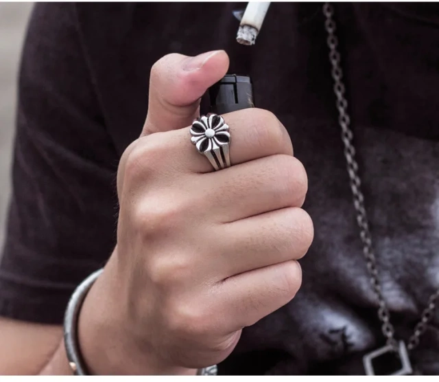 Flower Silver Mens Rings Stainless Steel Ring Men Antique Vintage Trendy Couple Ring