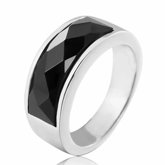 2024 Guangzhou Fashion Rings Natural Black Stone Stainless Steel Silver Rings for Men Wedding Rings