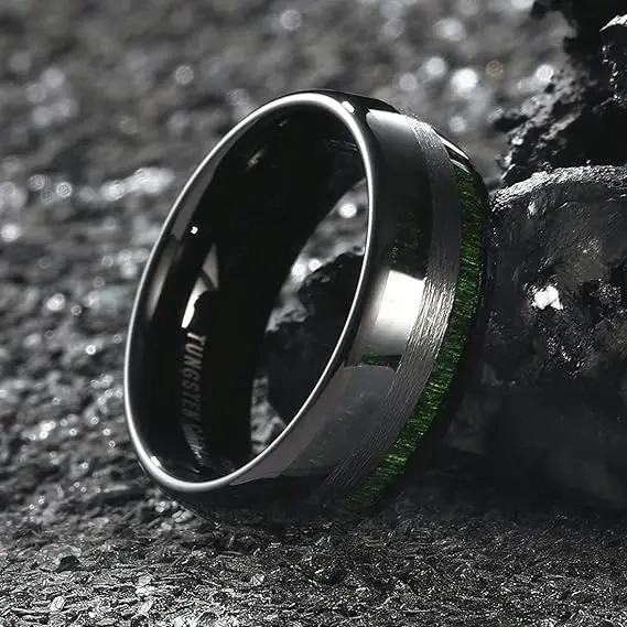 Wholesale Price Dome Surface Mens Tungsten Rings Green Inlay Green Wood Men Ring