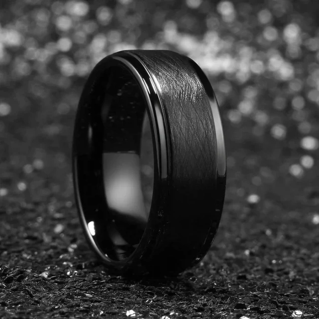 8mm Black Plated Tungsten Rings - Irregularly Brushed Center