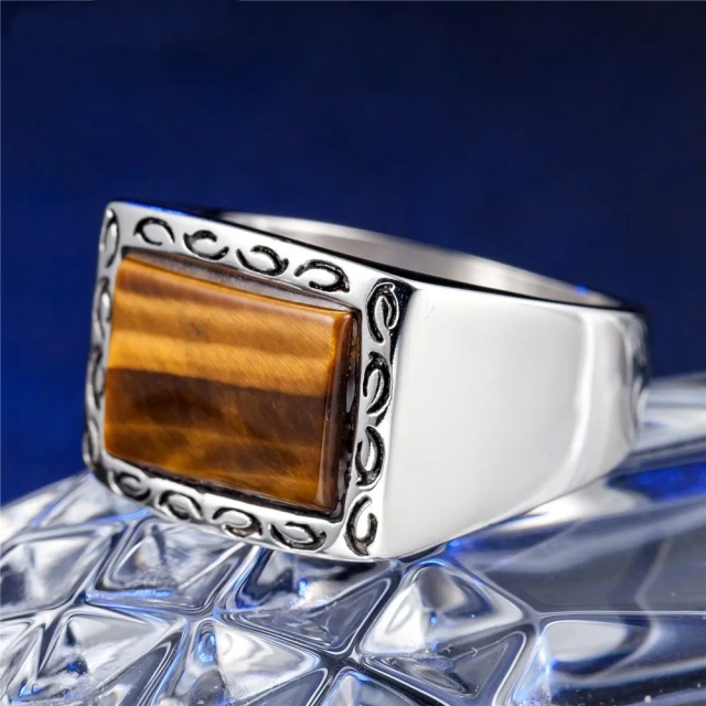 Men Jewelry Silver Plated Stong Inlay Stainless Steel Jewelry Men Punk Style Rings