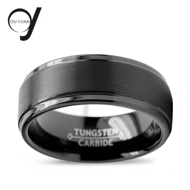 Guangzhou Custom Jewelry Best Selling 8mm Stepped Beveled Edges Brushed Finish Black Tungsten Ring Men Rings for Men